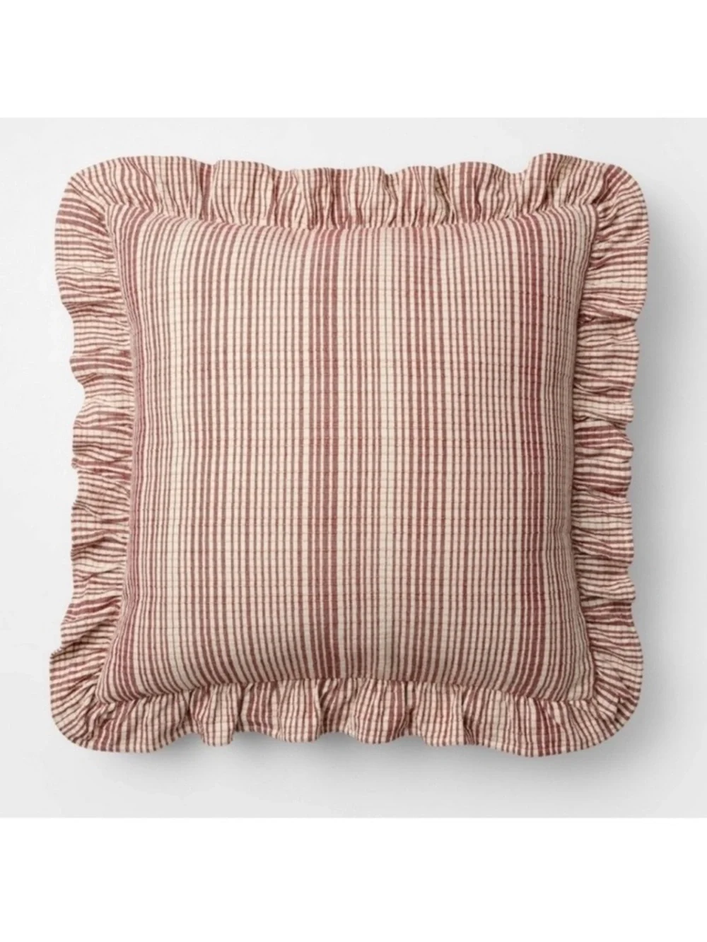 Studio McGee Threshold Uneven Plaid with Ruffle Pillow Burgundy Cream Christmas